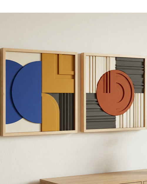 Rutly Geometric Relief Wall Art 20 × 20 in Maple Frames Set of 2 - Lifestyle view